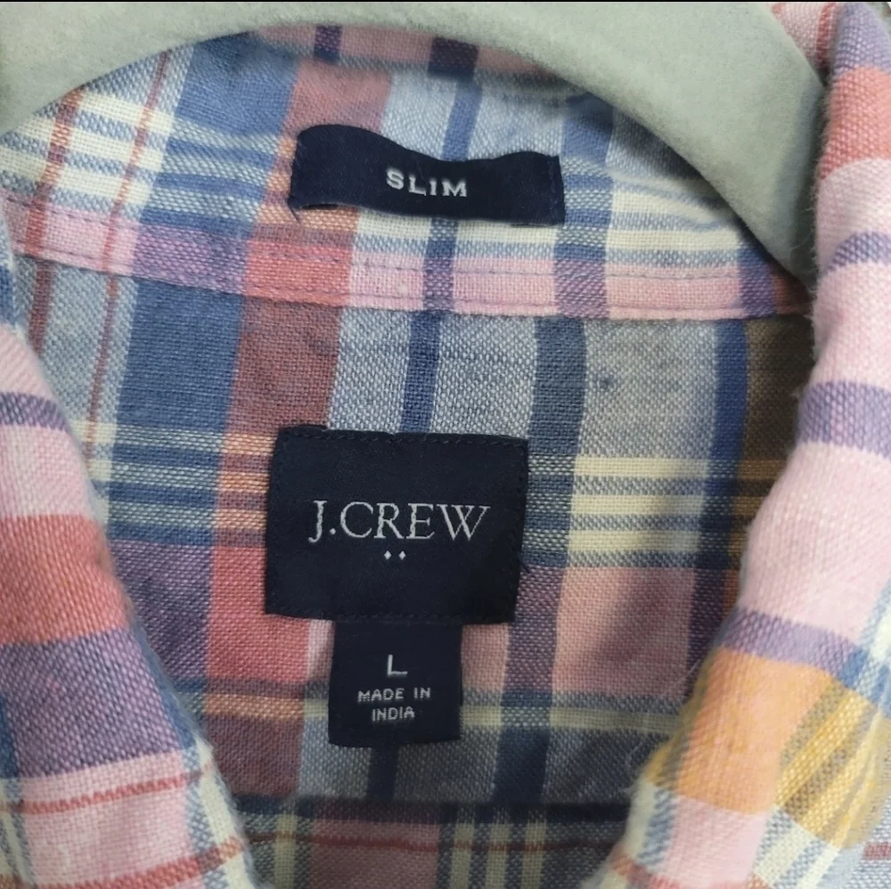 J.Crew Mens Slim Fit Linen Blend Plaid Short Sleeve Button Up Shirt , Sz Large